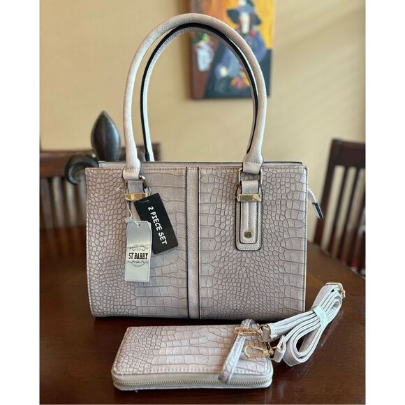 ST. BARRY - NWT 2-Piece Satchel & Wristlet/Stone Grey Croc-Embossed Faux Leather - Picture 2 of 16